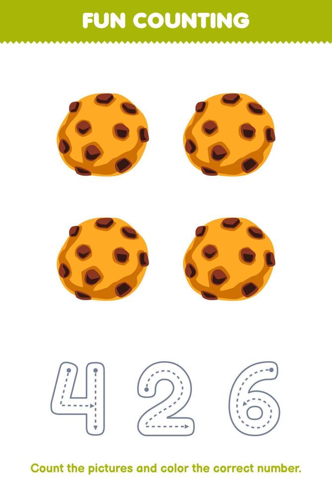 Education game for children count the pictures and color the correct number from cute cartoon cookie printable food worksheet vector