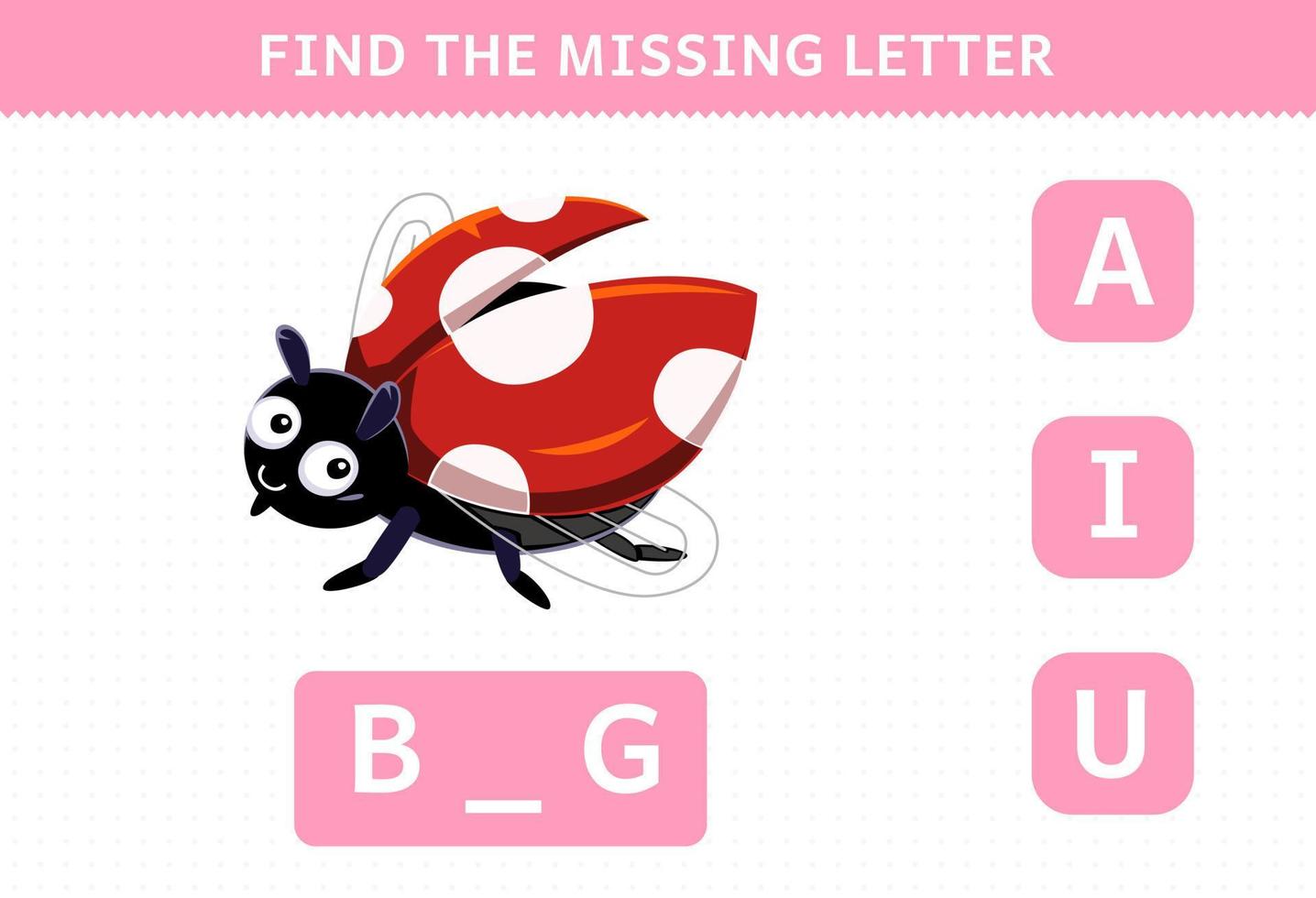 juego educativo para niños encuentra la letra que falta de la hoja de trabajo de error imprimible de un lindo insecto de dibujos animados vector