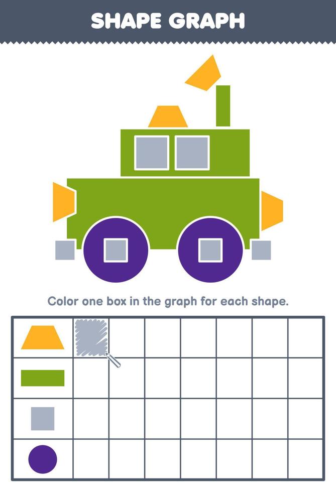 Education game for children count how many shape of trapezoid rectangle square and circle then color the box in the graph printable shapes worksheet vector