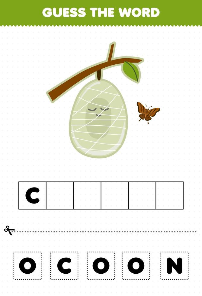 Education game for children guess the word letters practicing of cute cartoon cocoon printable bug worksheet vector