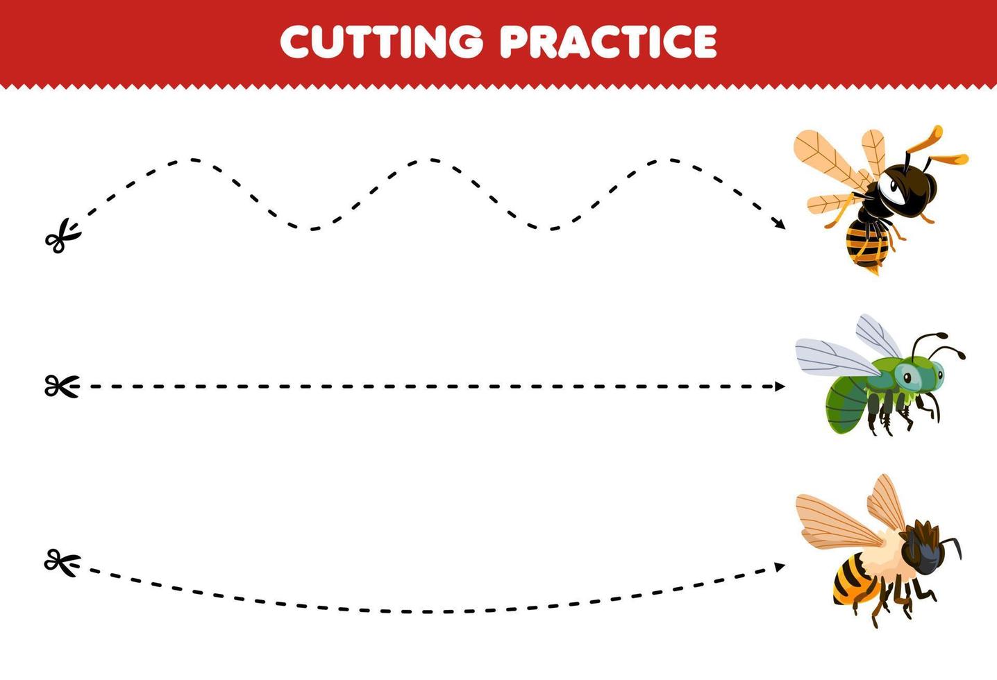 Education game for children cutting practice with cute cartoon bee and