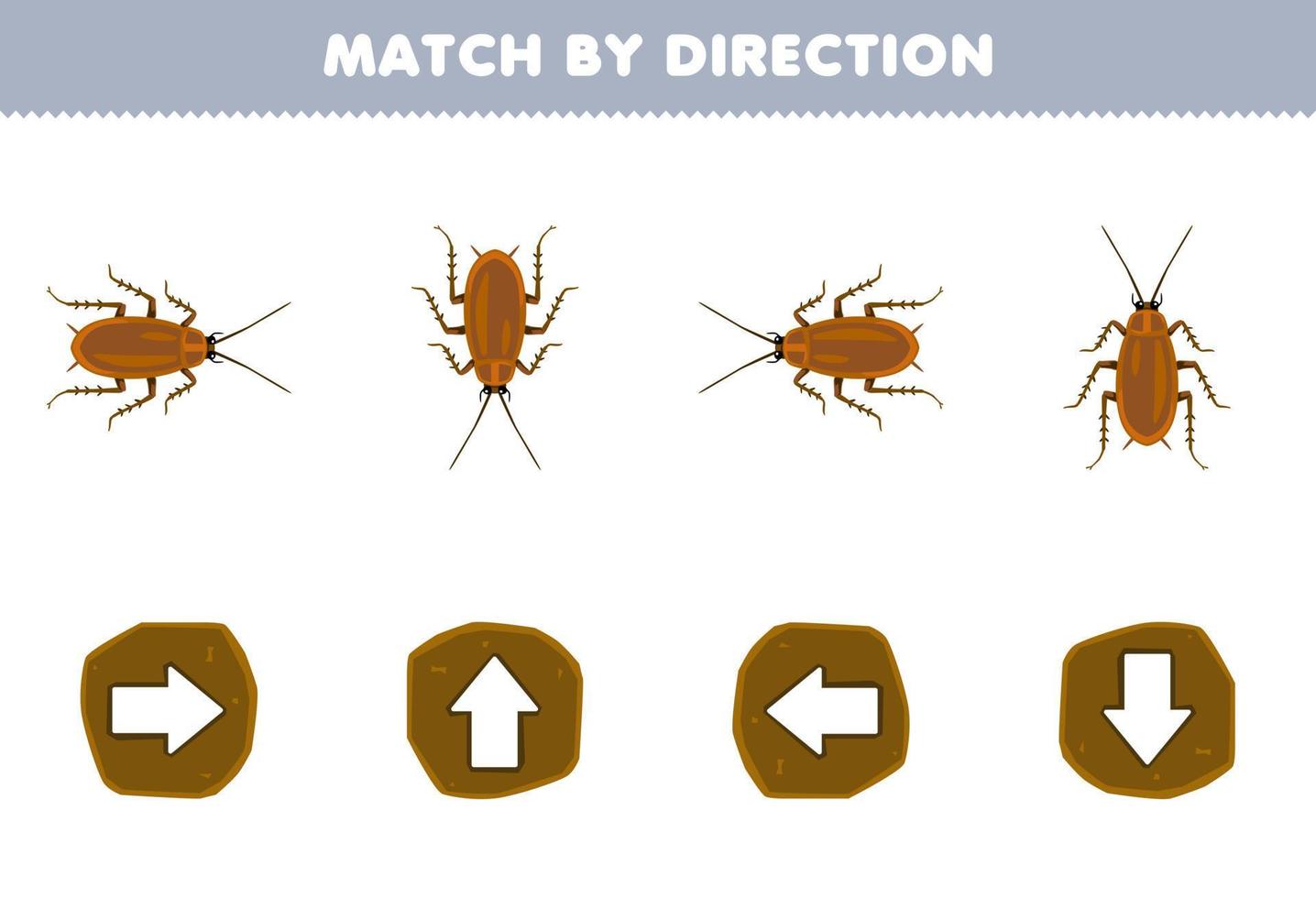 juego educativo para niños emparejar por dirección izquierda derecha arriba o abajo orientación de cucaracha de dibujos animados lindo hoja de trabajo de error imprimible vector