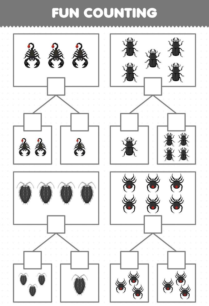 juego educativo para niños diversión contando imagen en cada caja de dibujos animados lindo escorpión escarabajo piojo araña hoja de trabajo de error imprimible vector