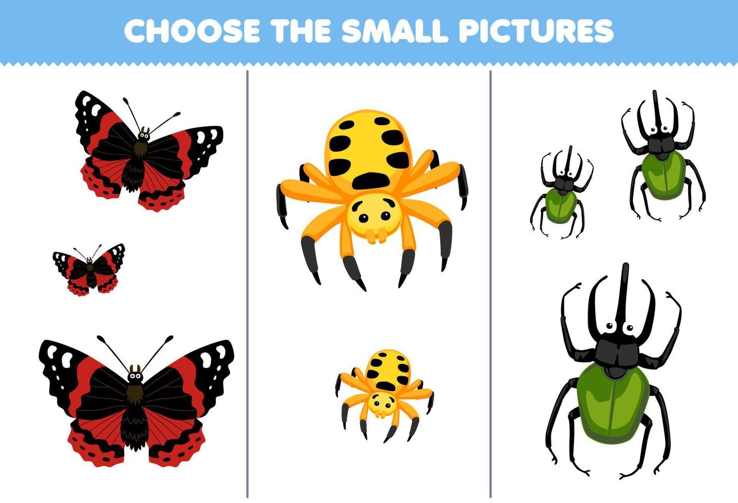 Education game for children choose the small picture of cute cartoon butterfly spider beetle printable bug worksheet vector