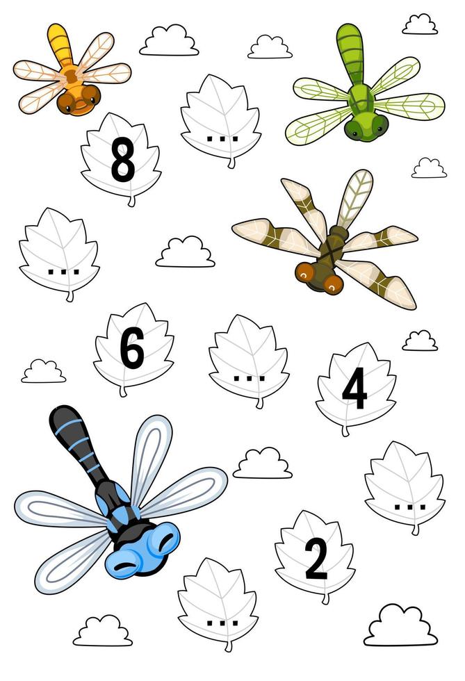 Education game for complete the sequence of number with cute cartoon dragonfly picture printable bug worksheet vector