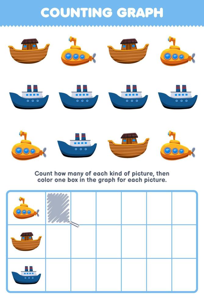 juego educativo para niños cuente cuántos barcos de arca submarinos de dibujos animados lindos luego coloree el cuadro en la hoja de trabajo de transporte imprimible del gráfico vector