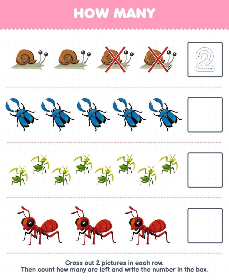 Education game for children count how many cute cartoon snail beetle mantis ant and write the number in the box printable bug worksheet vector