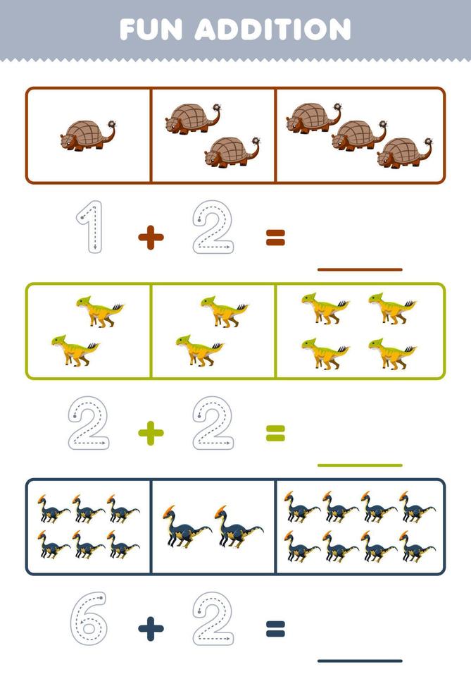 Education game for children fun addition by counting and tracing the number of cute cartoon leptoceratops parasaurolophus printable prehistoric dinosaur worksheet vector