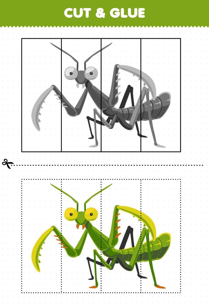 Education game for children cut and glue with cute cartoon mantis printable bug worksheet vector