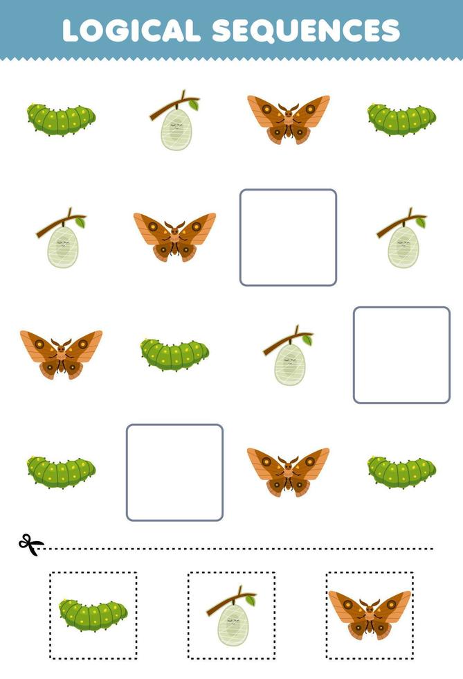 Education game for children logical sequences for kids with cute cartoon caterpillar cocoon butterfly printable bug worksheet vector