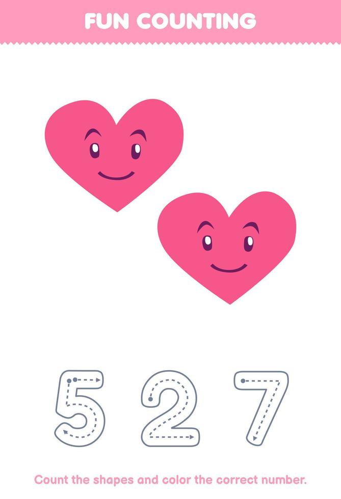 Education game for children count the pictures and color the correct number from cute cartoon heart printable geometric shape worksheet vector
