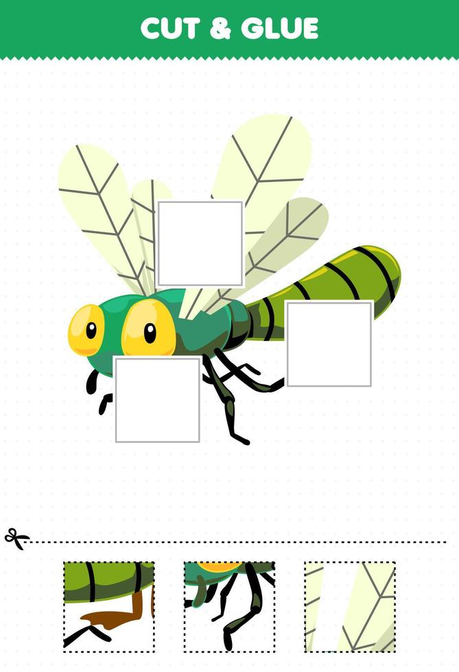 Education game for children cut and glue cut parts of cute cartoon dragonfly and glue them printable bug worksheet vector