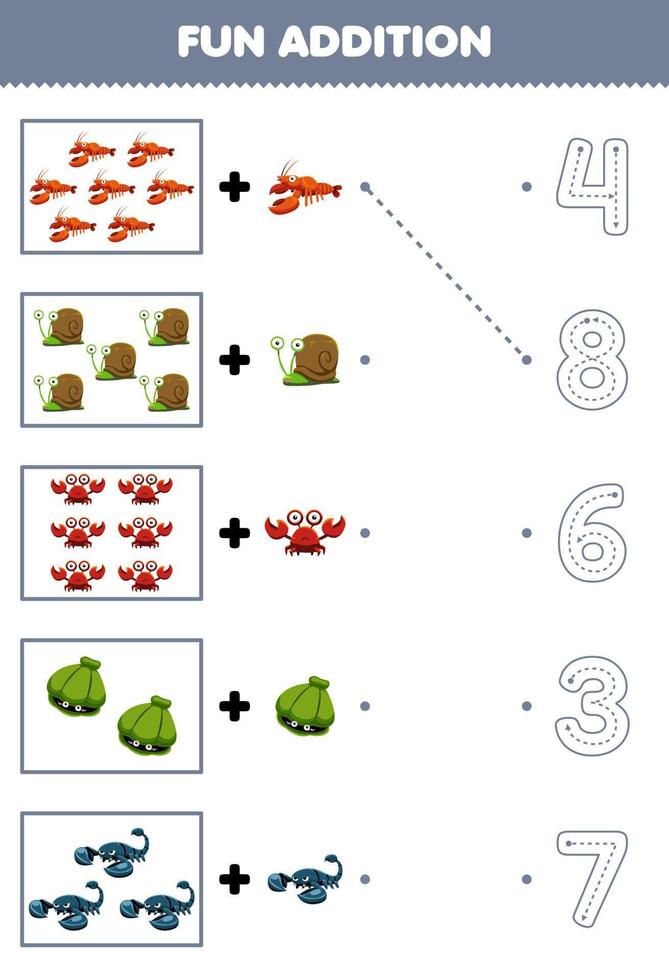 Education game for children fun counting and add one more cute cartoon shell animal then choose the correct number by tracing the line worksheet vector