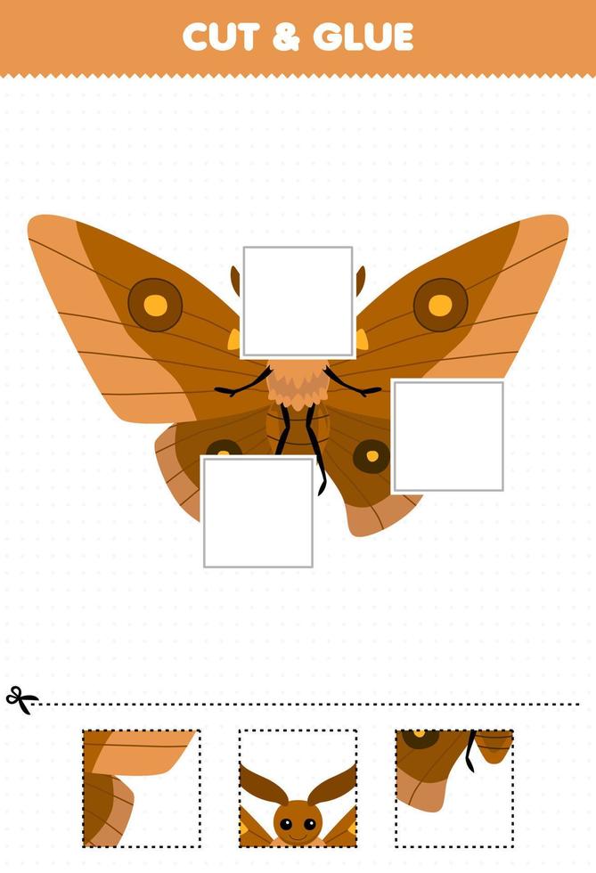 Education game for children cut and glue cut parts of cute cartoon moth butterfly and glue them printable bug worksheet vector