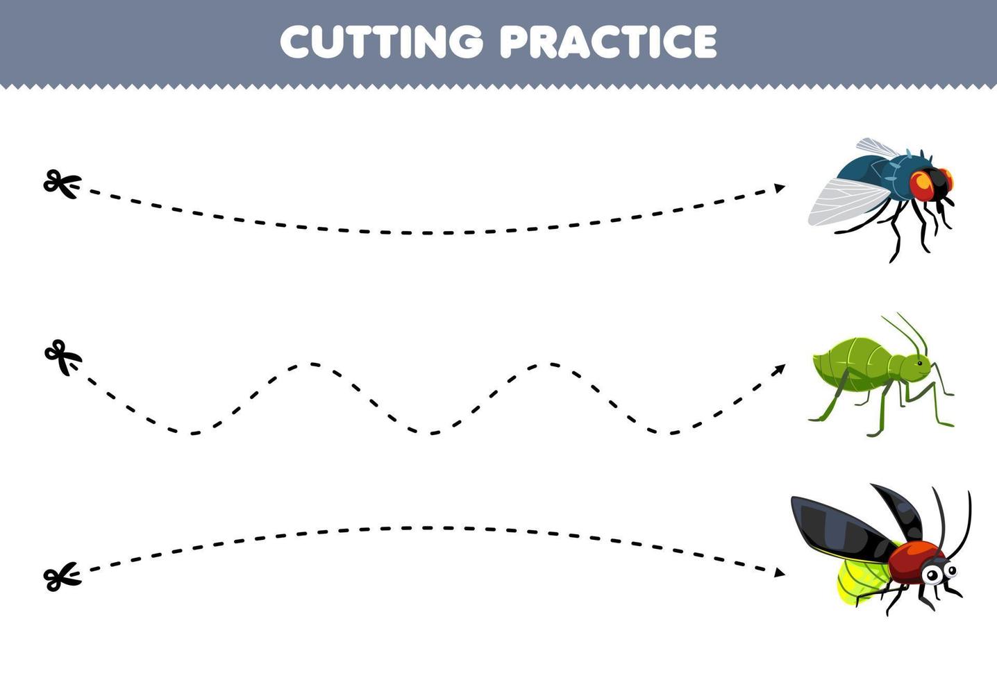 Education game for children cutting practice with cute cartoon fly aphid firefly printable bug worksheet vector