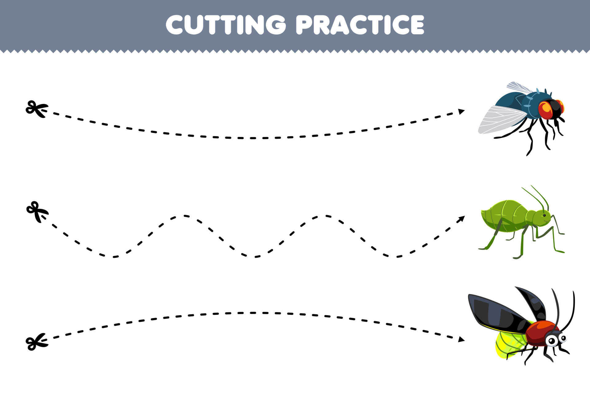 Education game for children cutting practice with cute cartoon fly