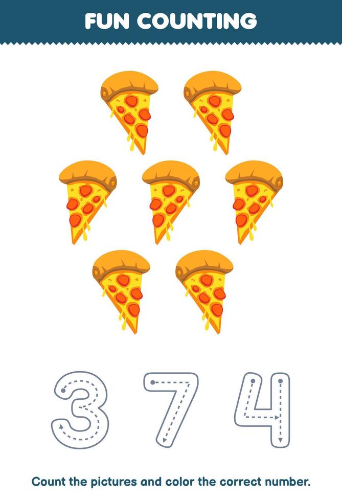 Education game for children count the pictures and color the correct number from cute cartoon pizza printable food worksheet vector