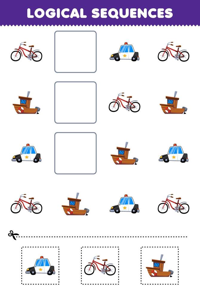 juego educativo para niños secuencias lógicas para niños con dibujos animados lindo bicicleta coche de policía barco hoja de trabajo de transporte imprimible vector