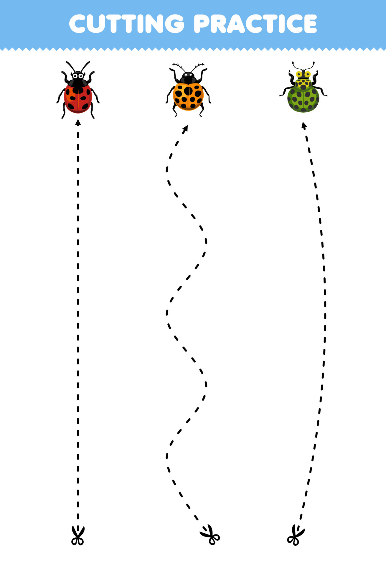 Education game for children cutting practice with cute cartoon ladybug