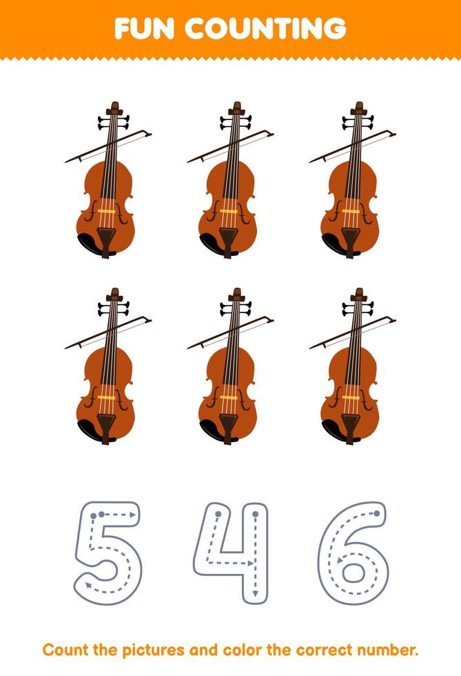 juego educativo para niños cuente las imágenes y coloree el número correcto de la hoja de trabajo de instrumento musical imprimible de violín de dibujos animados vector