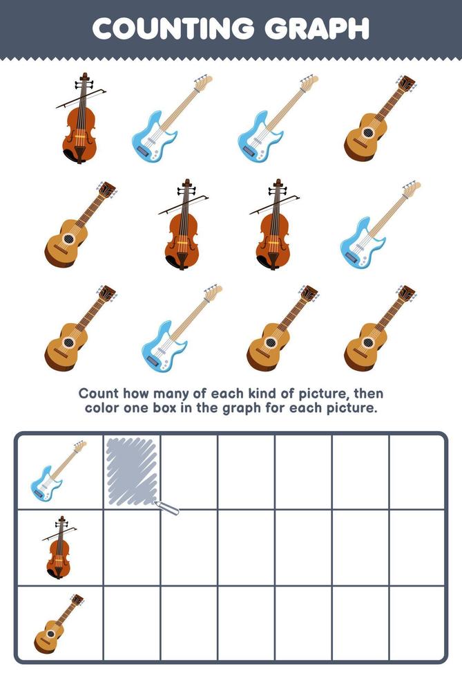 Education game for children count how many cute cartoon guitar bass violin then color the box in the graph printable music instrument worksheet vector