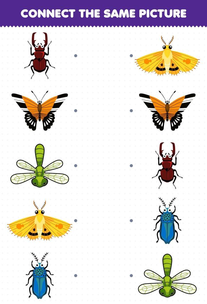 juego educativo para niños conecta la misma imagen de una linda caricatura escarabajo mariposa libélula polilla hoja de trabajo de error imprimible vector