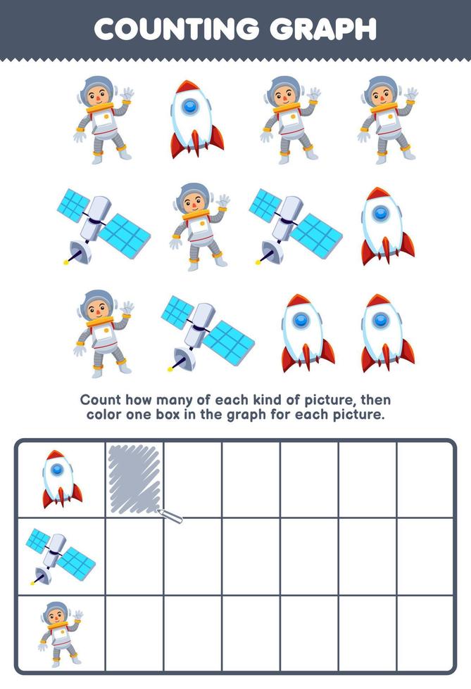 Education game for children count how many cute cartoon astronaut satellite rocket then color the box in the graph printable profession worksheet vector