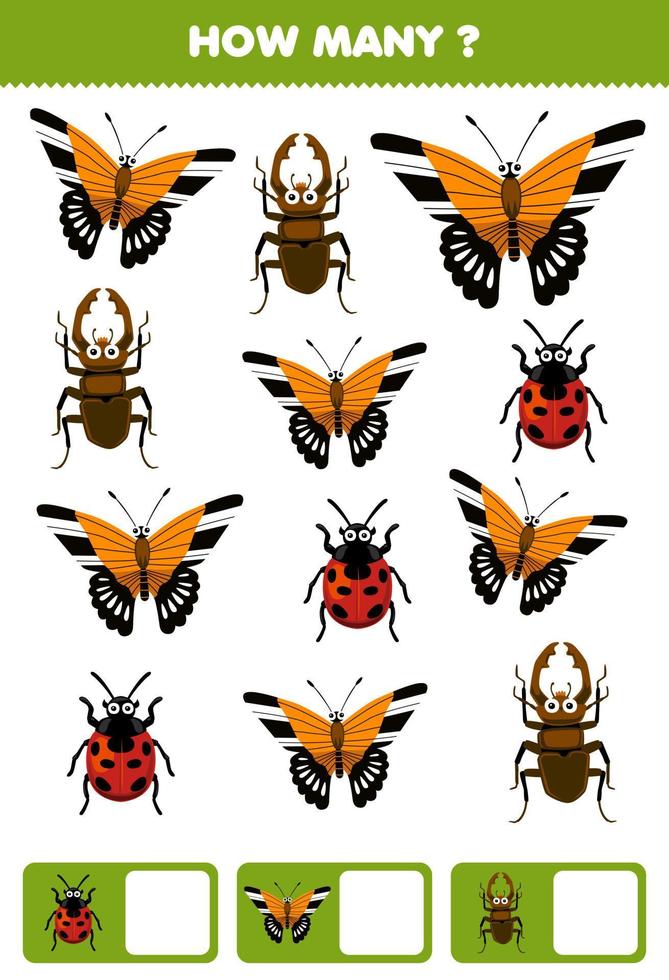 Education game for children searching and counting how many objects of cute cartoon ladybug butterfly beetle printable bug worksheet vector