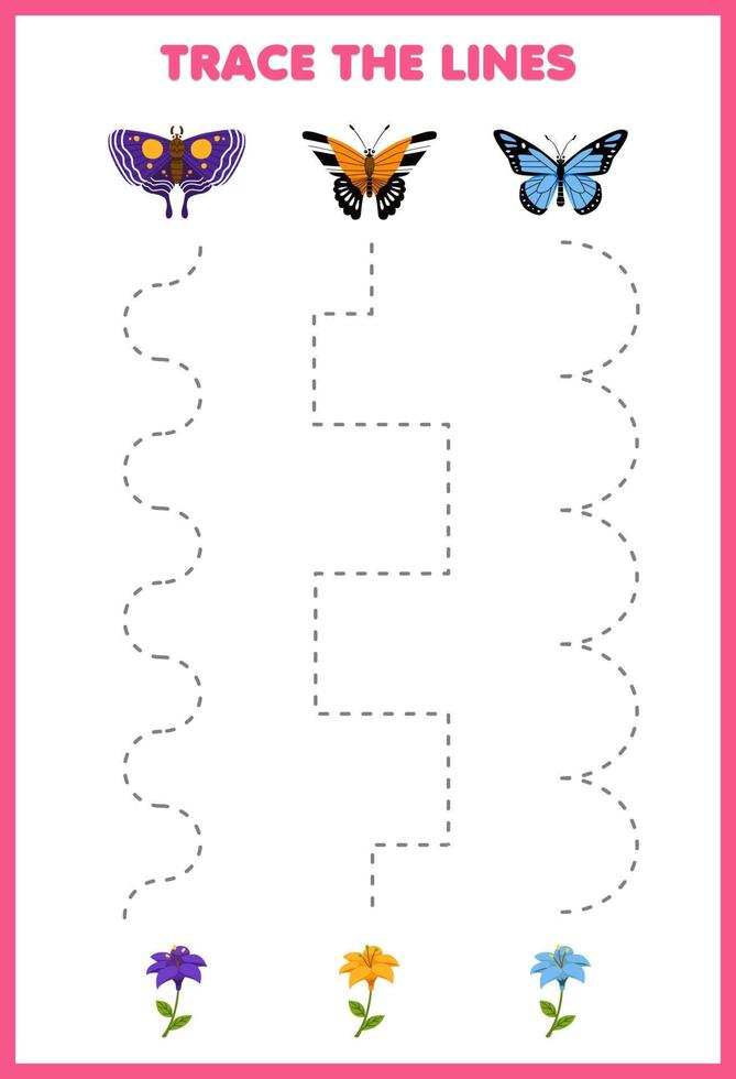 juego de educación para niños práctica de escritura a mano trazar las líneas con una linda caricatura de mariposa y flor hoja de trabajo de error imprimible vector