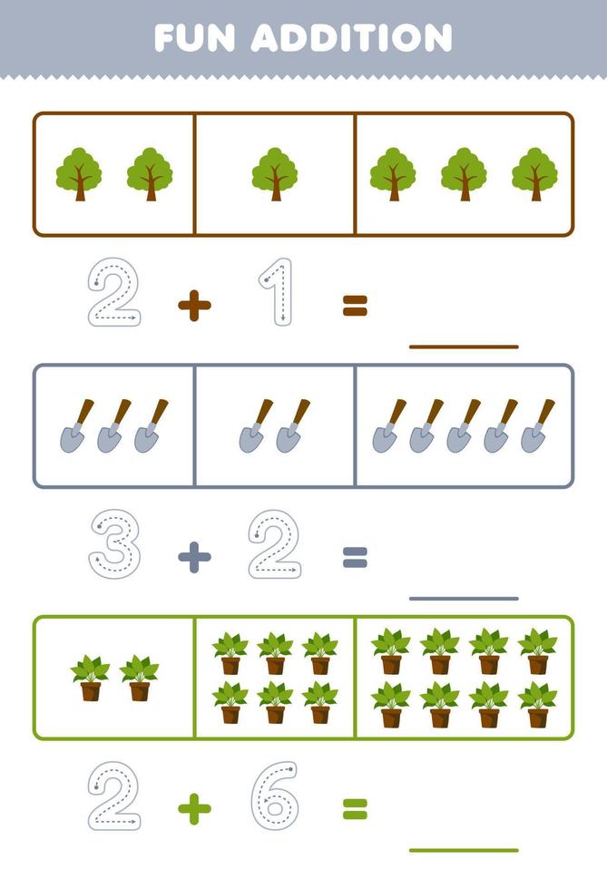 Education game for children fun addition by counting and tracing the number of cute cartoon tree shovel plant printable farm worksheet vector
