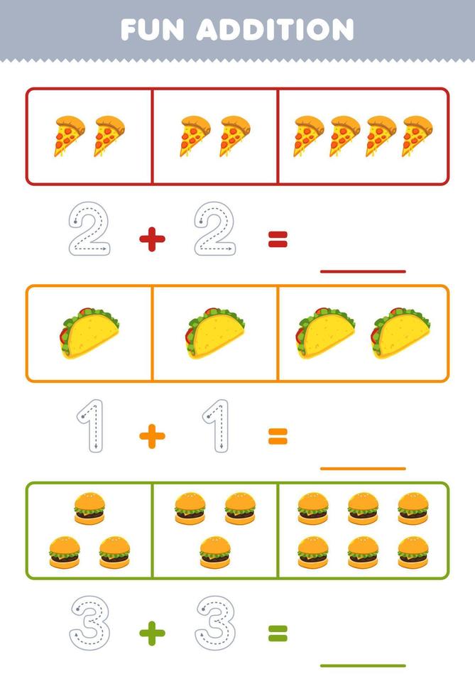 Education game for children fun addition by counting and tracing the number of cute cartoon pizza taco burger printable food worksheet vector