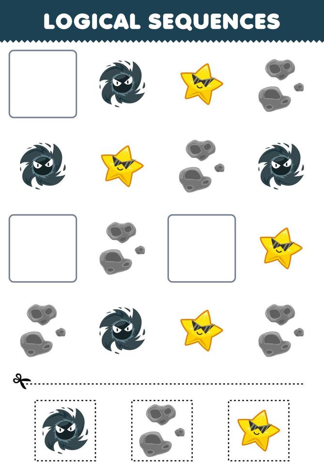 Education game for children logical sequences for kids with cute cartoon black hole star asteroid printable solar system worksheet vector