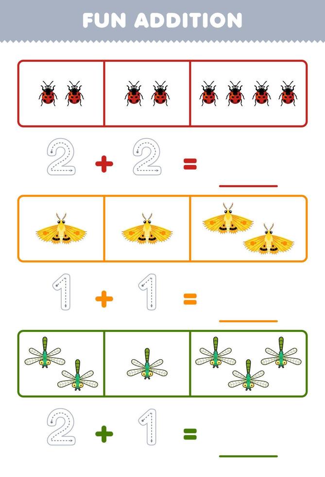 Education game for children fun addition by counting and tracing the number of cute cartoon ladybug moth dragonfly printable bug worksheet vector