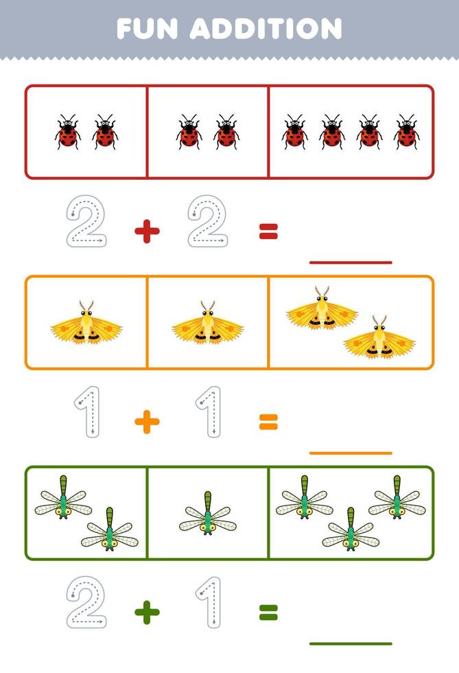 juego educativo para niños divertido además contando y rastreando el número de dibujos animados lindo mariquita polilla libélula hoja de trabajo de error imprimible vector