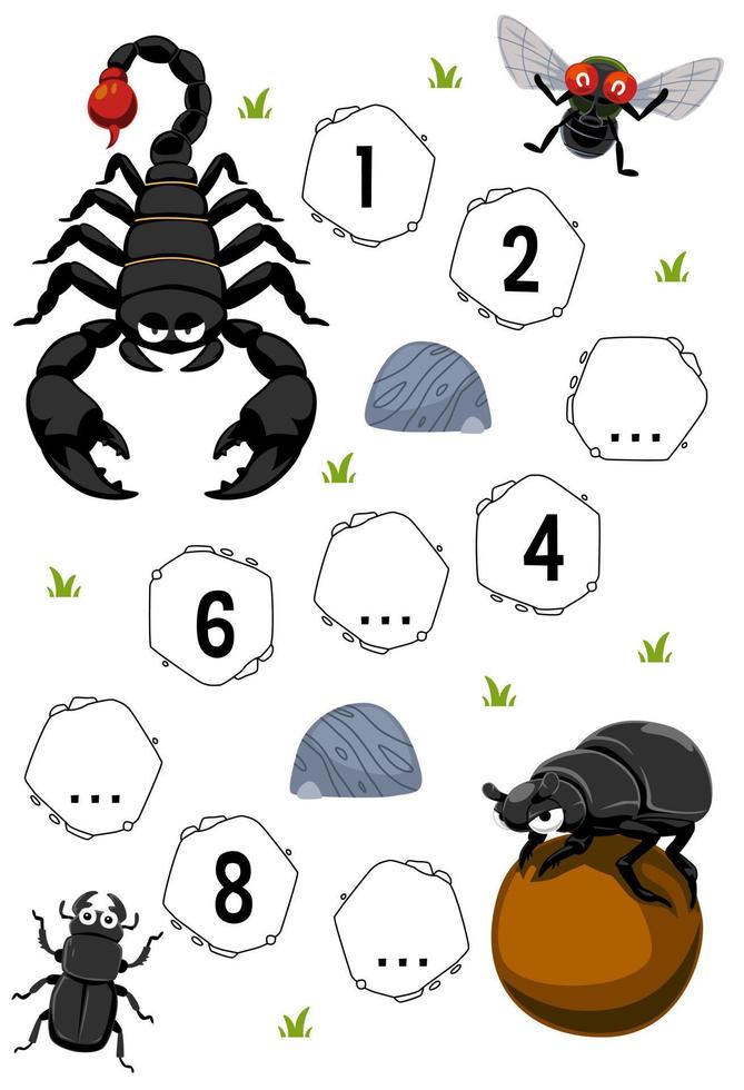 juego educativo para completar la secuencia de números con dibujos animados lindo escorpión mosca y escarabajo hoja de trabajo de error imprimible vector