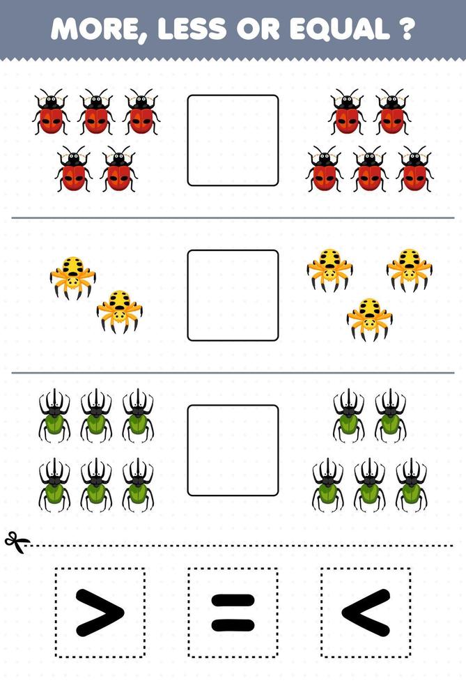 juego educativo para niños más menos o igual cuente la cantidad de lindo escarabajo araña mariquita de dibujos animados luego corte y pegue la hoja de trabajo de error de señal correcta vector
