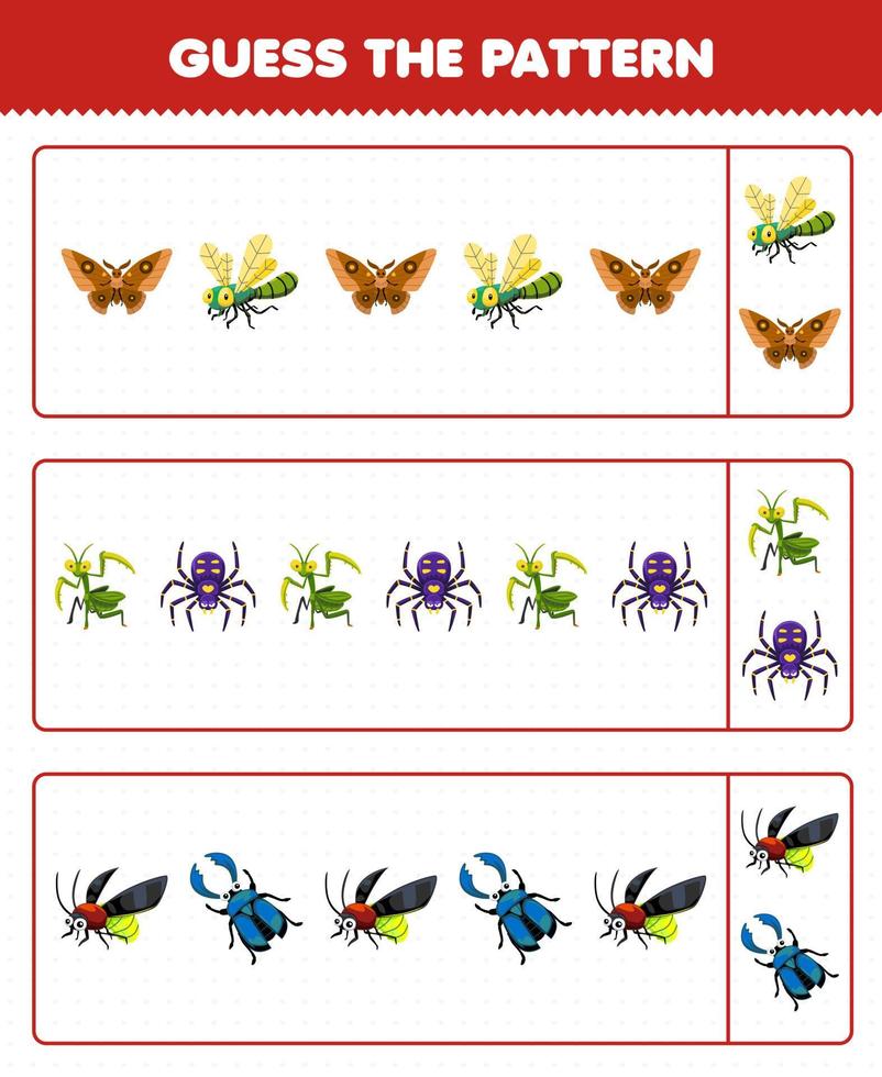 juego educativo para niños adivinar el patrón de cada fila de dibujos animados lindo polilla libélula mantis araña luciérnaga escarabajo hoja de trabajo de error imprimible vector