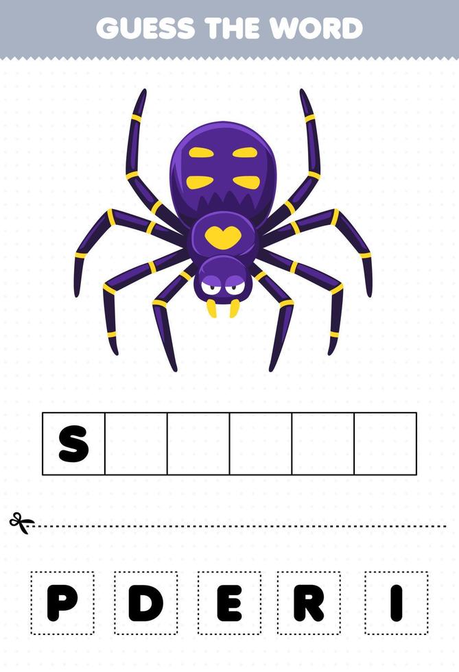 juego educativo para niños adivinar las letras de las palabras practicando la hoja de trabajo de error imprimible de araña de dibujos animados lindo vector