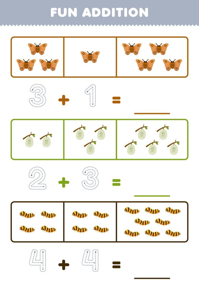 Education game for children fun addition by counting and tracing the number of cute cartoon moth cocoon silkworm printable bug worksheet vector