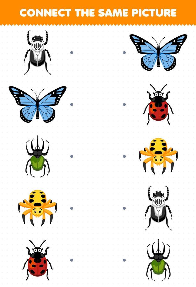 juego educativo para niños conecta la misma imagen de dibujos animados lindo escarabajo mariposa escarabajo araña mariquita hoja de trabajo de error imprimible vector