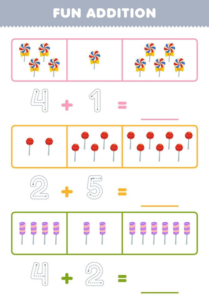 Education game for children fun addition by counting and tracing the number of cute cartoon candy printable food worksheet vector