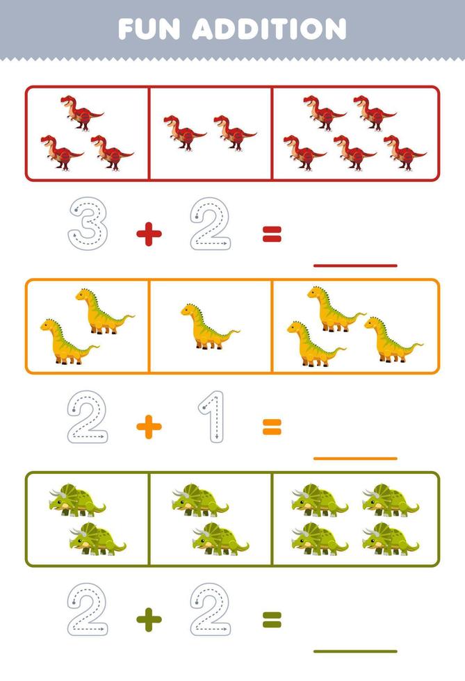 juego educativo para niños divertido además contando y rastreando el número de dibujos animados lindo tiranosaurio isisaurus triceratops hoja de trabajo de dinosaurio prehistórico imprimible vector