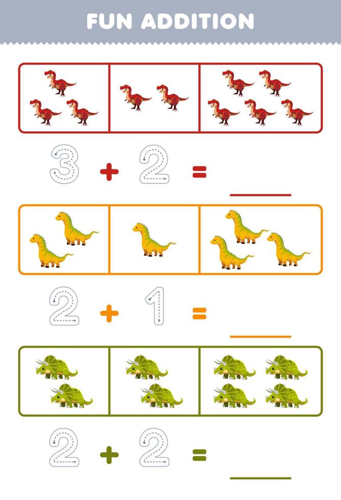 Education game for children fun addition by counting and tracing the number of cute cartoon tyrannosaurus isisaurus triceratops printable prehistoric dinosaur worksheet vector