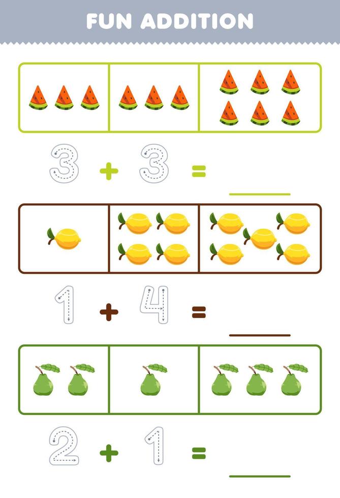 juego educativo para niños divertido además contando y rastreando el número de dibujos animados lindos sandía limón guayaba hoja de trabajo imprimible de frutas vector