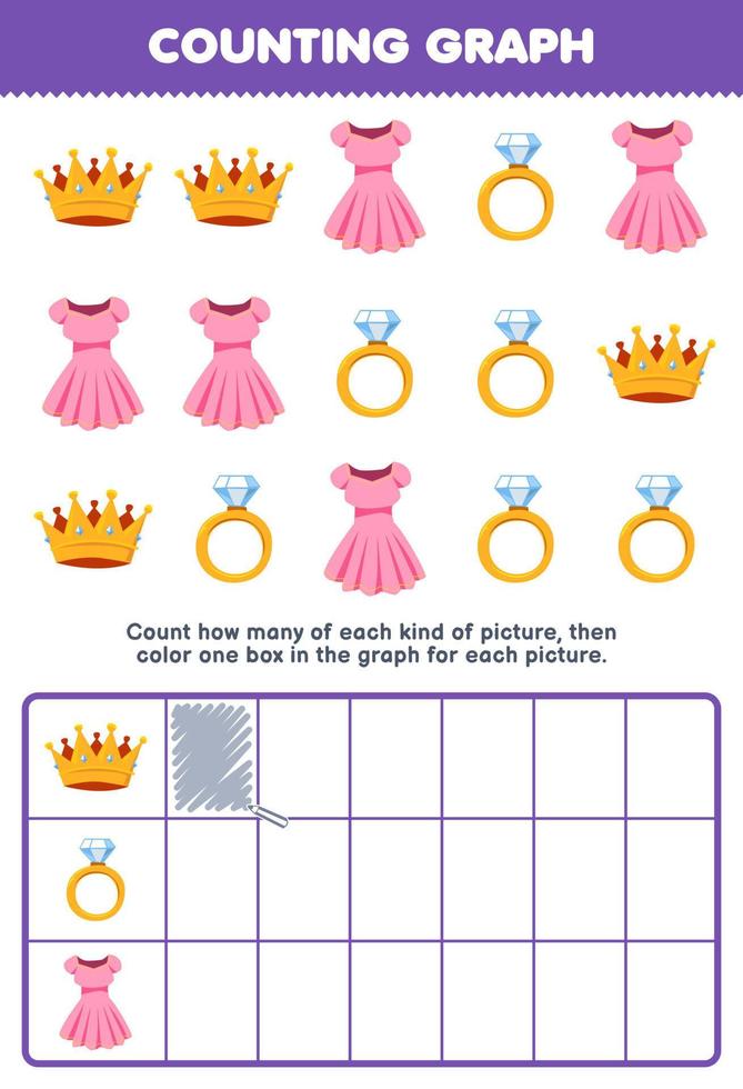 juego educativo para niños cuente cuántos lindos vestidos de dibujos animados corona y anillo luego coloree el cuadro en el gráfico imprimible hoja de trabajo de ropa portátil vector