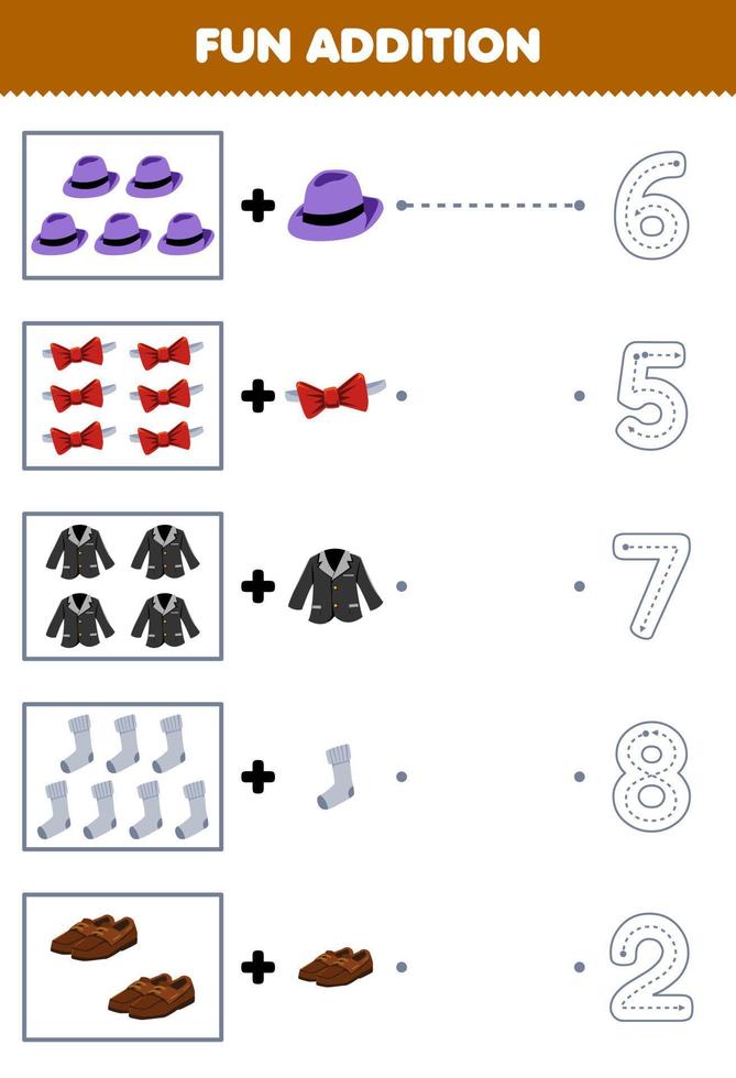juego educativo para niños divertido adición de dibujos animados sombrero fedora corbata arco blazer calcetín zapatos luego elija el número correcto trazando la hoja de trabajo de ropa de línea vector