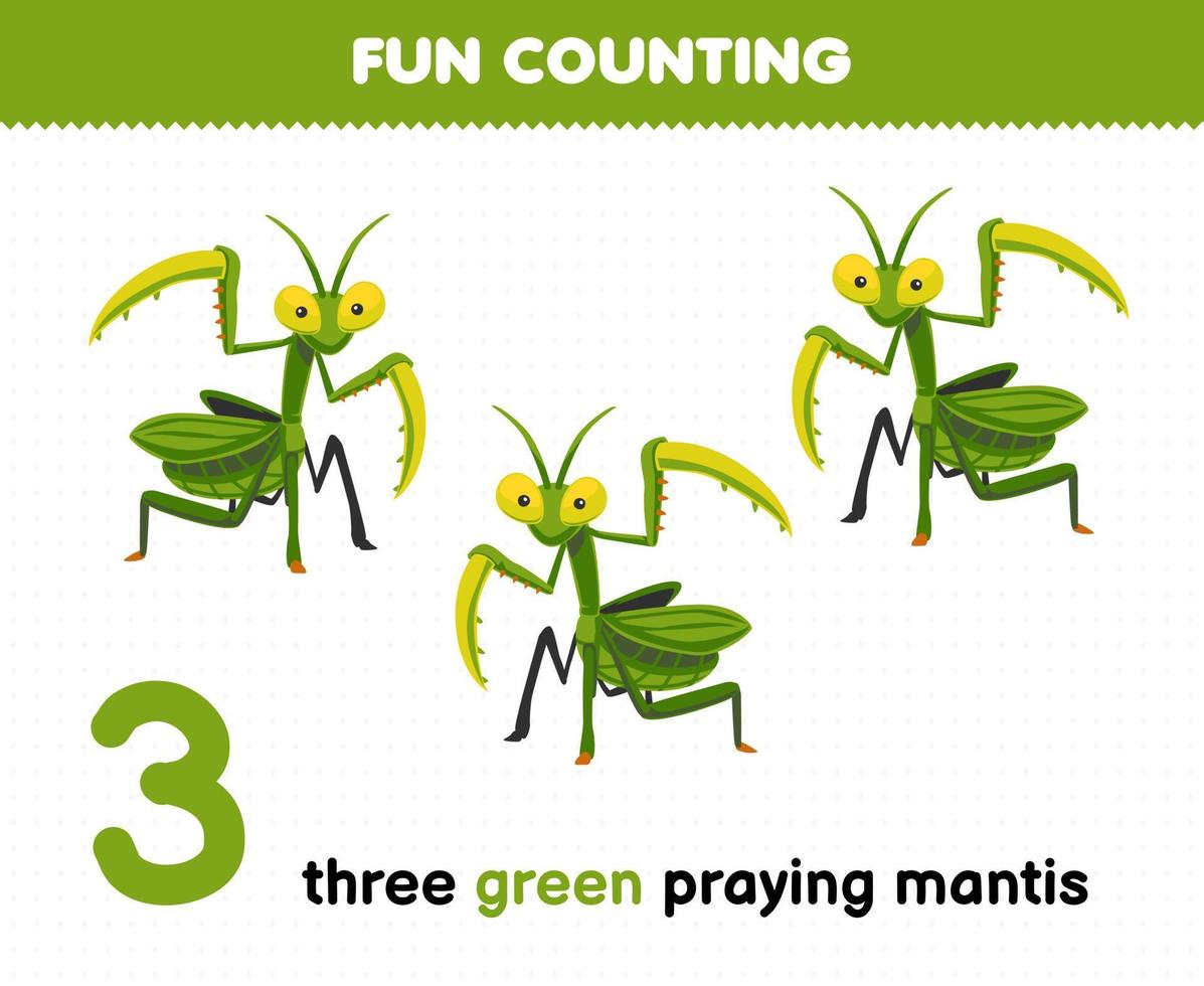 Education game for children fun counting three praying mantis printable bug worksheet vector