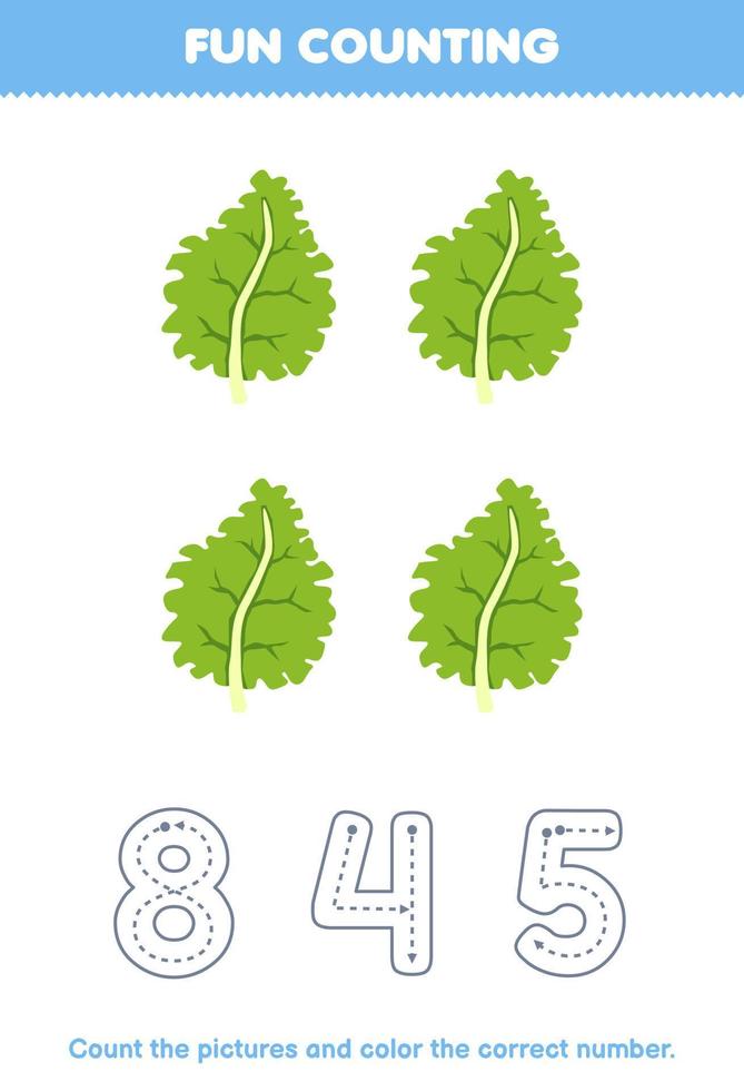 Education game for children count the pictures and color the correct number from cute cartoon kale printable vegetable worksheet vector
