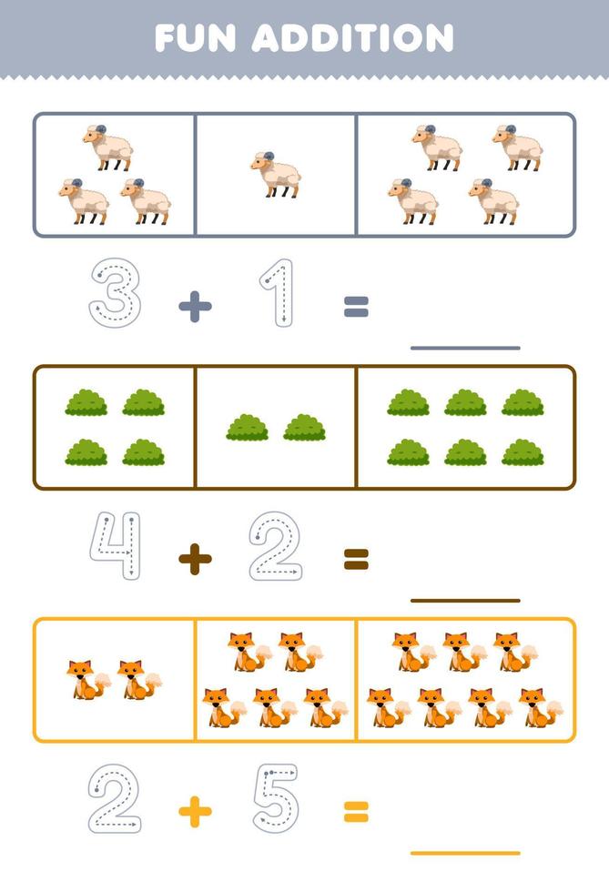 juego educativo para niños divertido además contando y rastreando el número de ovejas de dibujos animados lindo zorro arbusto hoja de trabajo de granja imprimible vector