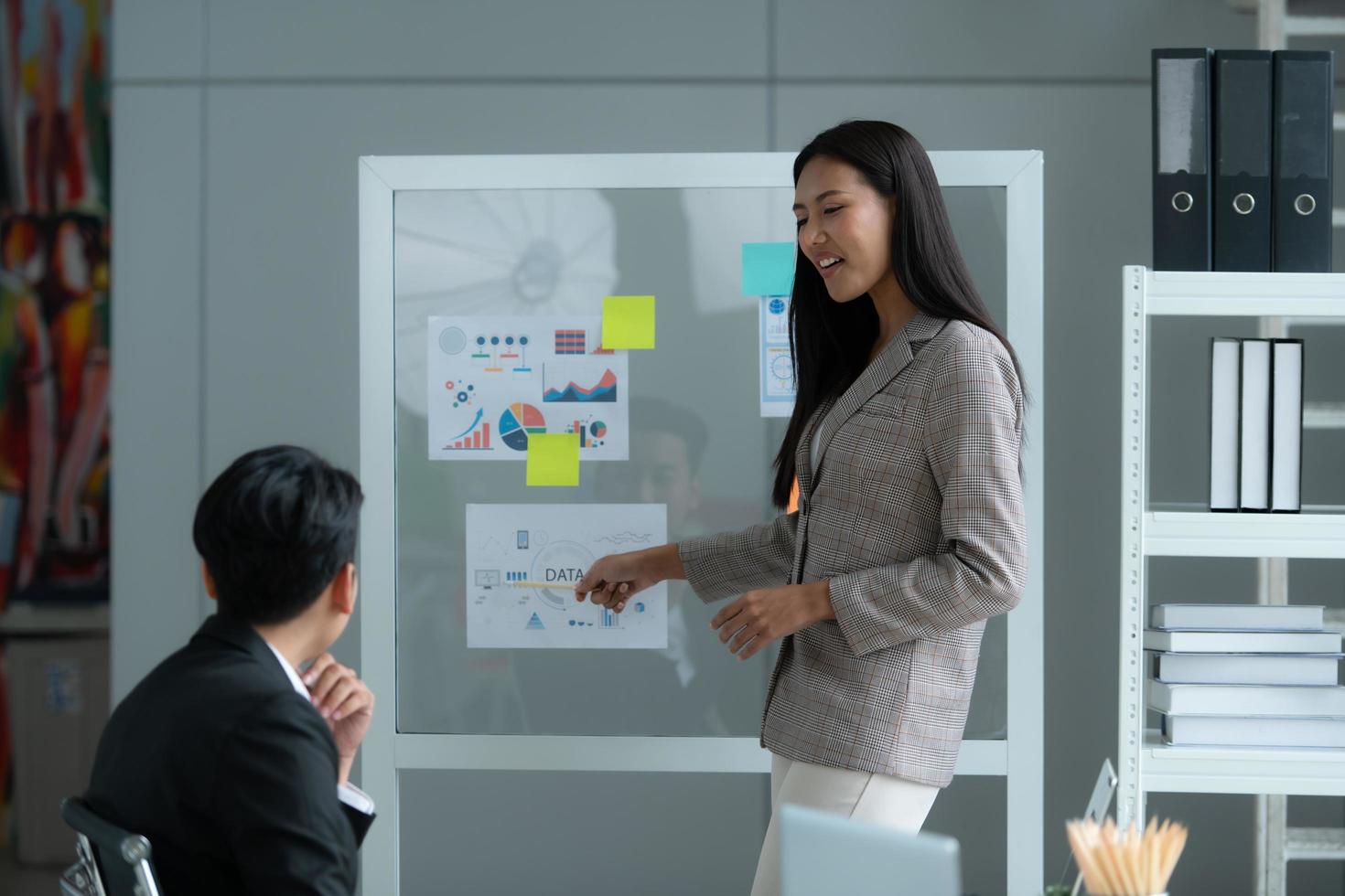 A group of young Asian entrepreneurs. Meeting to review stock investment data in a meeting room photo